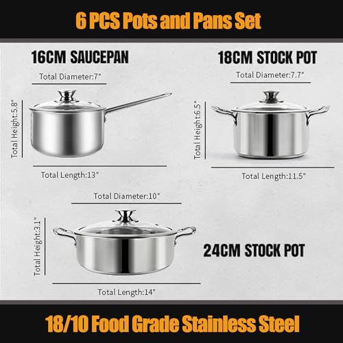 Aufranc 6-Piece Stainless Steel Nonstick Induction Cookware Set - Includes 2 Qt, 2.6 Qt, 3.7 Qt Pots with Lids