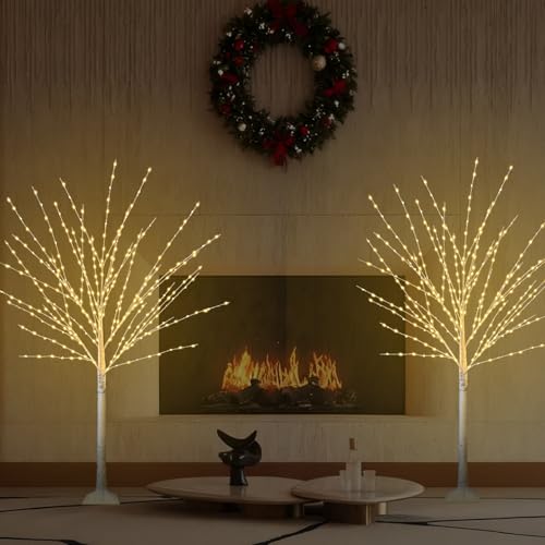 FastDeng 4ft Lighted Birch Tree 2-Pack with 880 LEDs, 8 Modes, Timer Remote – Indoor/Outdoor Prelit Xmas Trees