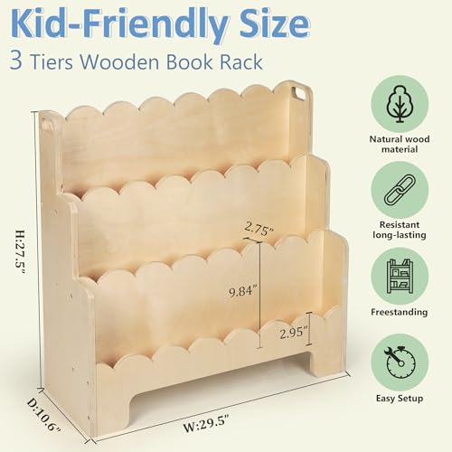 Tohiasen 3-Tier Kids Wooden Bookshelf, Scalloped Nursery Book Storage, Anti-Tip Design