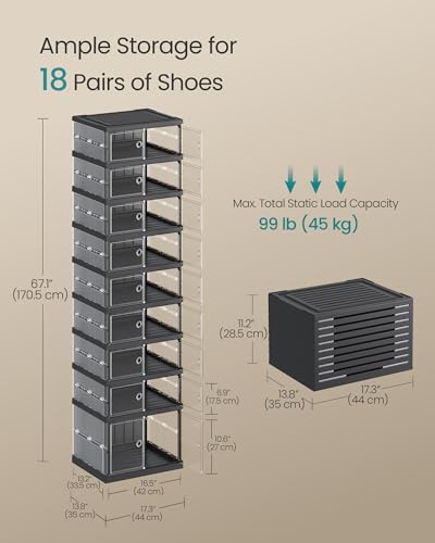 SONGMICS Foldable Shoe Storage Organizer 9-Tier Transparent + Ink Black, Holds 18 Pairs