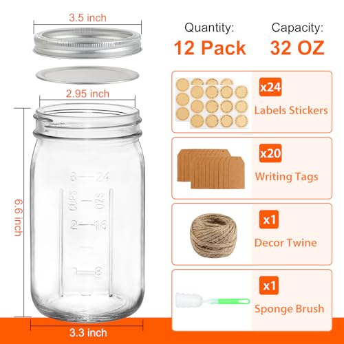 HWASHIN 32oz Wide Mouth Mason Jars with Lids - 12 Pack Quart Canning Jars