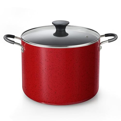 Red 10.5 Quart Non-Stick Stock Pot with Lid - Large Cooking Pot for Soup Stew