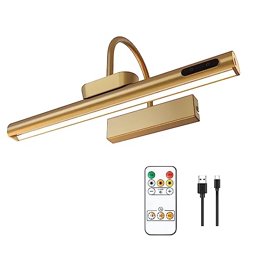 Dimmable Cordless Picture Light with Controller & Timer - 14 Inch Gold Wall Sconce for Artwork & Portraits