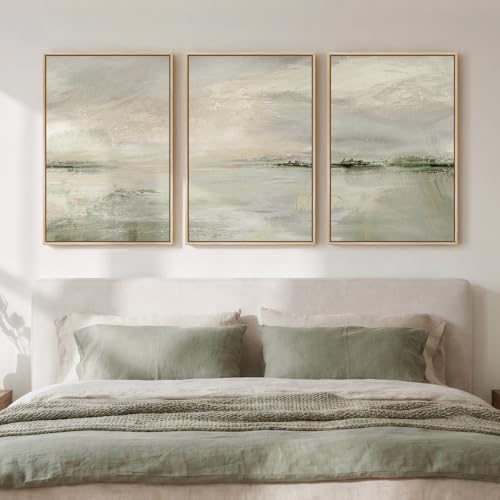 Sage Green Abstract Landscape Wall Art Set - 3 Pieces 16x24 Inches with Wood Frames - Modern Bedroom Decor (Variation: Warm Green / 16" W x 24" H x 3pcs)