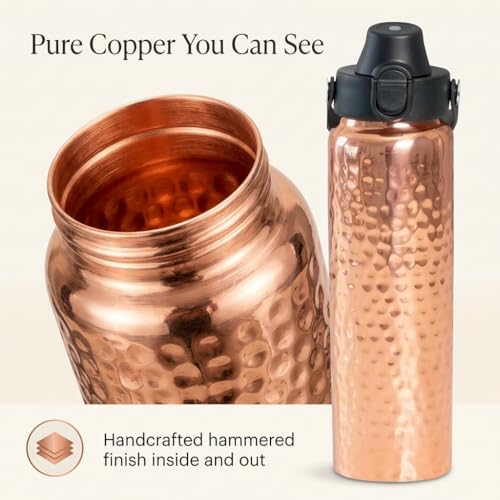 Kamojo Copper Water Bottle 32 oz with Black Insulating Sleeve & Straw - Handcrafted Ayurvedic Design