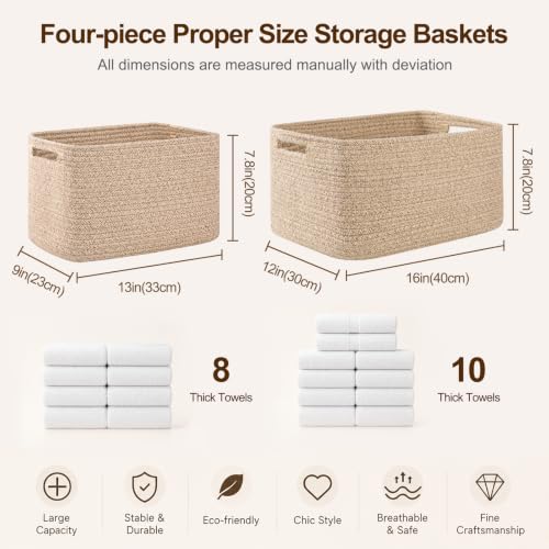 OIAHOMY 4 Pack Brown Cotton Rope Storage Baskets - 12.7x9x7.8 Inch Cube Organizers