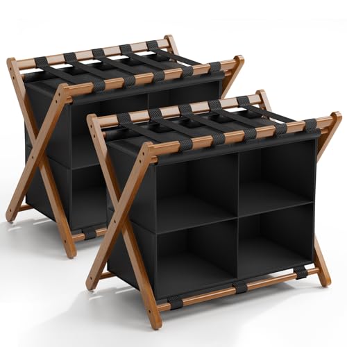 Walnut Bamboo Luggage Rack 2 Pack with 4 Storage Compartments – Foldable Suitcase Stand for Guest Room, 150lbs Capacity