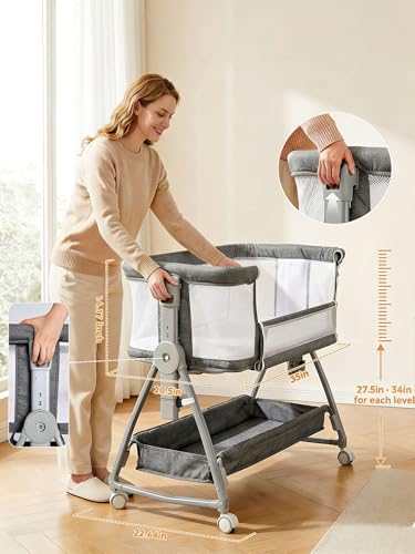 Grey 3-in-1 Bedside Bassinet for Baby with Mattress & Wheels - Adjustable Height