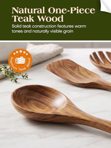11-Piece Wooden Kitchen Utensil Set with Stainless Steel Holder - Teak Wood Nonstick Cookware Tools