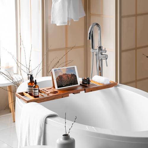 Realgulf Adjustable Teak Bathtub Tray - Natural Wood Bath Organizer Caddy