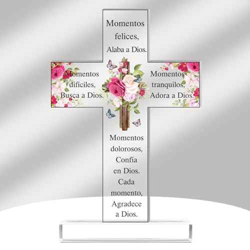 Shellwei Christmas Spanish Christian Acrylic Gift Religious Cross Inspirational Gift Spanish Cross Shape Acrylic Prayer Bible Verse Desk Decor for Women Mom Xmas Mother's Day Birthday(Cute)