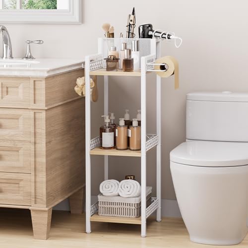 White Slim Bathroom Storage Shelf Unit with 3 Tiers and Toilet Paper Holder - 9.85in Wide