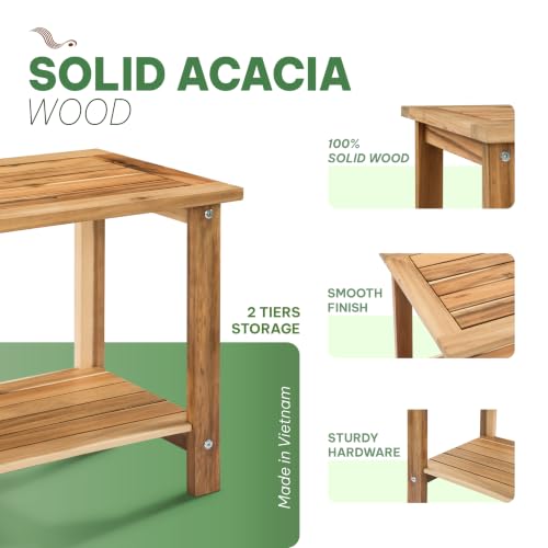 Acacia Wood Adirondack Side Table, 2-Tier Outdoor End Table - White