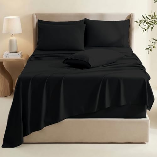 Deep Pocket Queen Sheets Set - Black, 6-Piece, Fits 18-24 Inch Mattress - Extra Deep Bed Sheets with Pillowcases - Hearth & Harbor