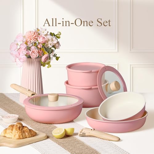 Pink 19-Piece Non-Stick Cookware Set with Detachable Handles - Space-Saving Design