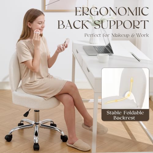 White Foldable Home Office Vanity Chair with Storage & Swivel
