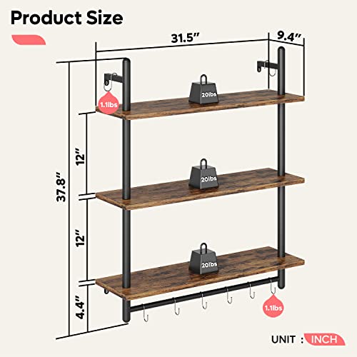 Wall-Mounted Industrial Pipe Shelving with Towel Bar - Rustic Brown, 31.5 Inch