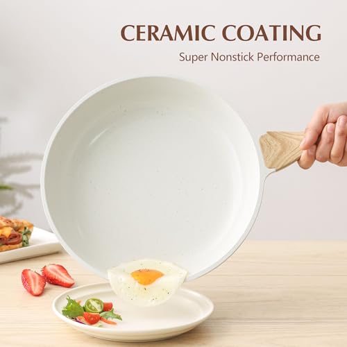 White Ceramic 12.5 Inch Nonstick Frying Pan with Lid - Healthy & Induction Ready