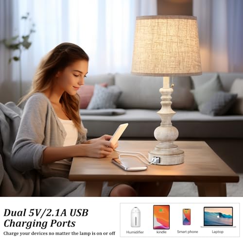 Drawealth Farmhouse Bedside Table Lamps Set of 2 - White, 22'' with USB Charging & Pull Chain