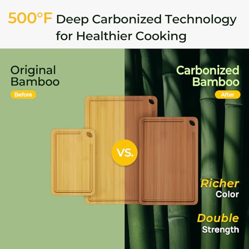 Keechee 3-Piece Carbonized Bamboo Cutting Board Set with Deep Juice Grooves & Handles