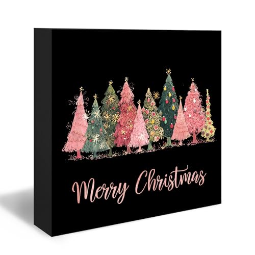 Pink Christmas Wood Box Sign - Merry Christmas Tree Decor for Home & Office