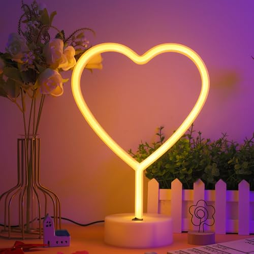 LED Heart Shaped Neon Night Lights Warm White Neon Lamp USB & Battery Powered Hanging Wedding Sign Novelty Indoor Lamps Decor Birthday Party Christmas Party Kids Room Living Room Bedroom or Bar