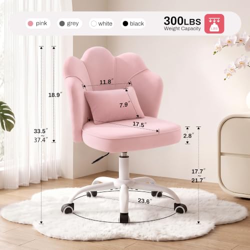 Pink Velvet Vanity Chair with Wheels - Swivel Makeup Desk Chair, Adjustable Height