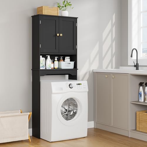 Over The Toilet Storage Cabinet - Black Bathroom Organizer with Adjustable Shelf - 24.8"L