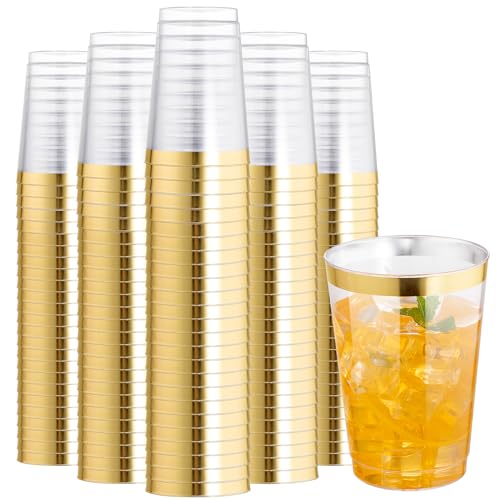 I00000 200 Pack 12 oz Gold Plastic Cups, Premium Rimmed Cups