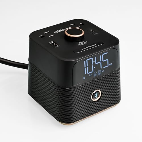 Black CubieBlue Alarm Clock Charger with Bluetooth Speaker, 2 USB & Tamper-Resistant Sockets