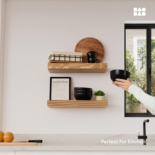 Gold Oak Floating Wall Shelves - 16 Inch Wooden Bathroom & Kitchen Shelves Set - BAOBAB WORKSHOP Variation