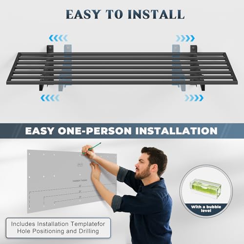 2 Pack Wall Mounted Garage Shelving with 8 Hooks - 1.5x4ft Heavy Duty Steel Storage Racks