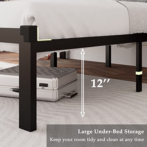 Full Size Metal Bed Frame with Faux Leather Button Tufted Headboard - Black, 12-Inch Storage