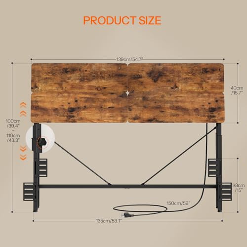 Height-Adjustable Headboard with Outlets - Full Size, Ergonomic Design & Storage Shelf