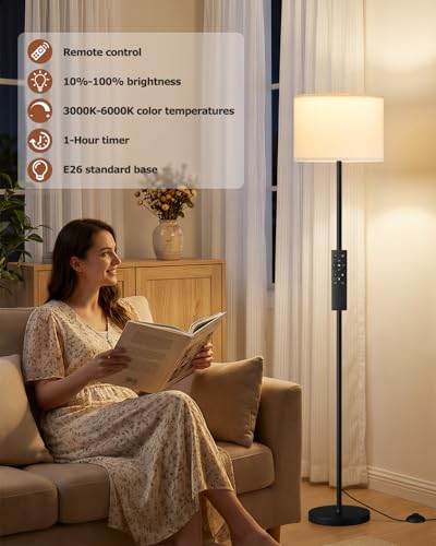 Dimmable Floor Lamp with Remote & 9W LED Bulb - Black & White