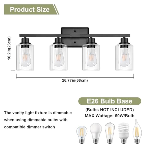 Unicozin Black 4-Light Vanity Light Fixture for Bathroom Mirror - Modern Wall Lamp with Clear Glass Shades