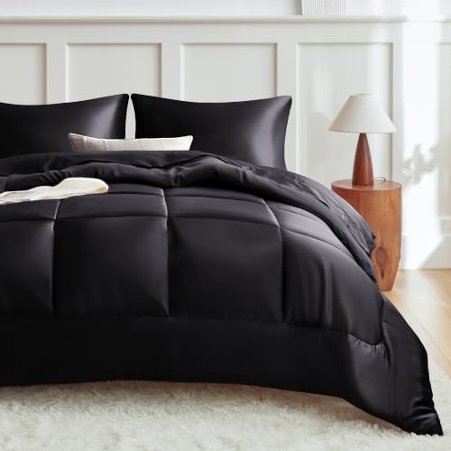 MR&HM Black Queen Reversible Satin Microfiber Comforter Set, All Seasons, 3 Pieces