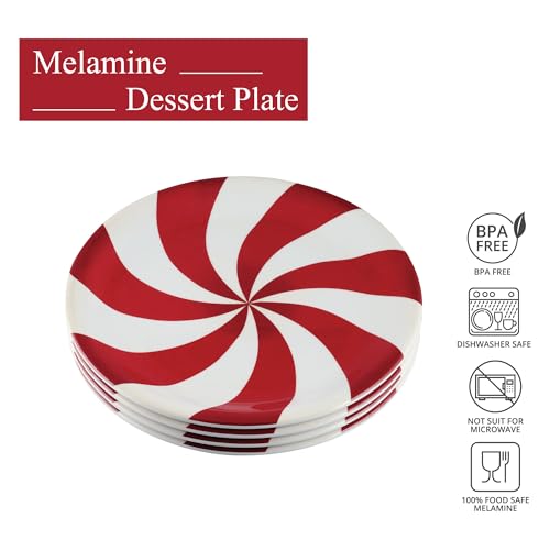 UP Classic Peppermint Candy Melamine Dessert Plates - Set of 4, 6.75 Inch Christmas Tableware