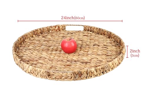 24-Inch Round Water Hyacinth Ottoman Tray with Handles - Oversized Serving and Decorative Table Organizer - Handmade