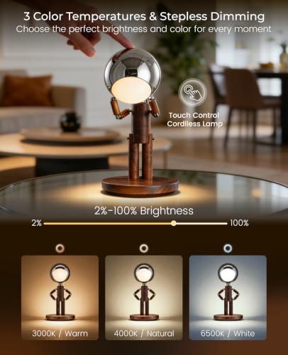 Rechargeable Wooden Table Lamp with Dimmable Moon Design - Black Walnut Variation