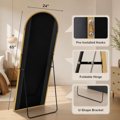 Arched Full Body Gold Mirror with Stand, 65"x24", Floor, Wall or