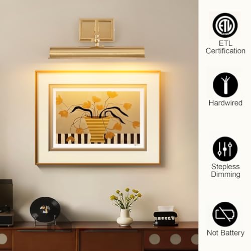 Gold Wall Picture Light - 12 Inch Hardwired Art Display Sconce, 270° Rotatable & Dimmable, E12 Base, for Painting & Artwork