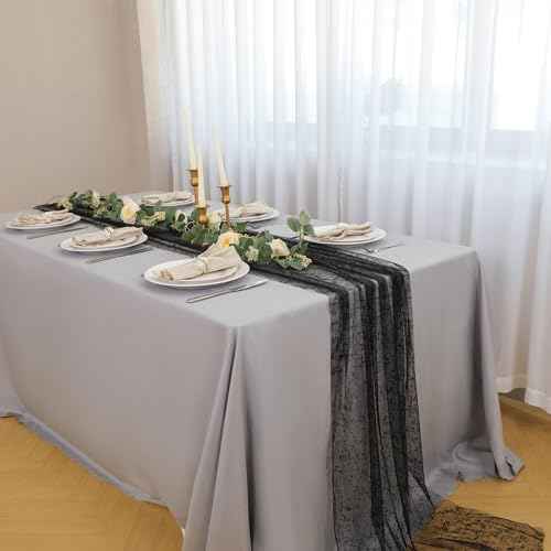 Snowkingdom Black Table Runner, 10FT Sheer Tulle Gauze Metallic Mesh Foil Table Decoration for Halloween, Thanksgiving, Party, and Christmas, Bridal, Baby Shower