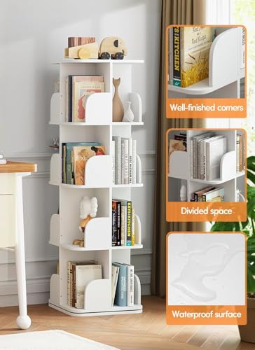 White Rotating Bookshelf Tower, 4-Tier Spinning Corner Bookcase for Small Spaces