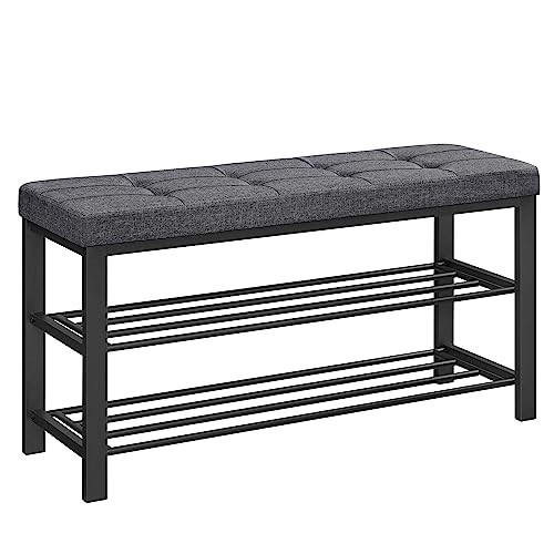 Shoe Storage Bench with Cushion, 39.4W Dark Gray & Ink Black - Entryway Organizer