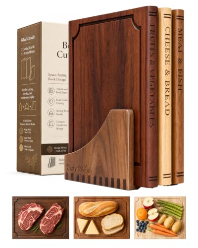Book-Inspired Cutting Board Set with Stand - 3-Piece Hardwood Kitchen Boards, Mixed Variation