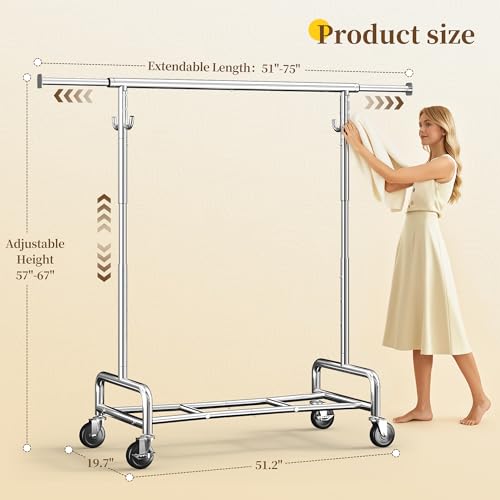 Raybee 75-Inch Chrome Clothes Rack with 4 Hooks, Adjustable Heavy Duty Wardrobe Organizer