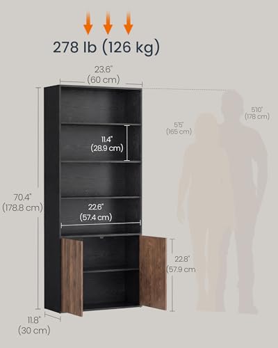 SONGMICS HOME Snapsemble 6-Tier Book Shelf with Doors, Adjustable Shelves, Ebony Black + Natural Walnut