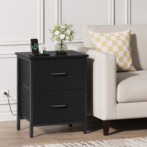 Vagusicc 2-Pack Black Nightstands with Charging Station, USB & Power Outlets