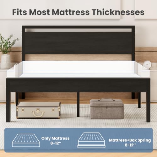 Queen Metal Bed Frame with Wooden Headboard - Black Platform Bed, Heavy Duty Support